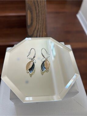 Two-Tone Leaf Drop Earrings in Gold and Blue/Gray
